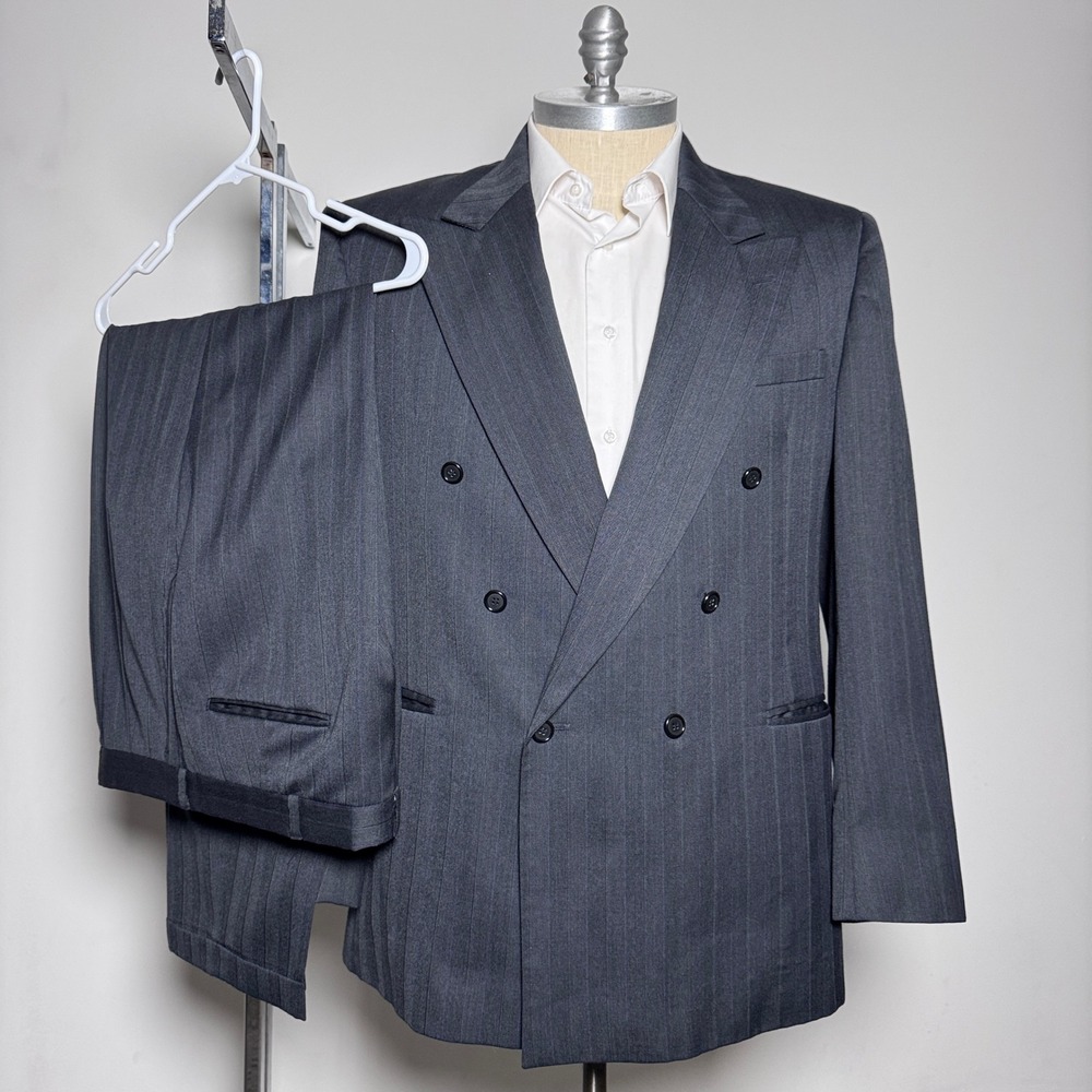 Paul Rodon Mens Double Breasted Pinstripe Suit 46L 36W Wool Blend‎ Charcoal